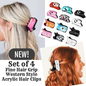 Western Cowgirl Boho SET OF 4 Fine Hair Grip Acrylic Boots Hats Hair Clips NEW
